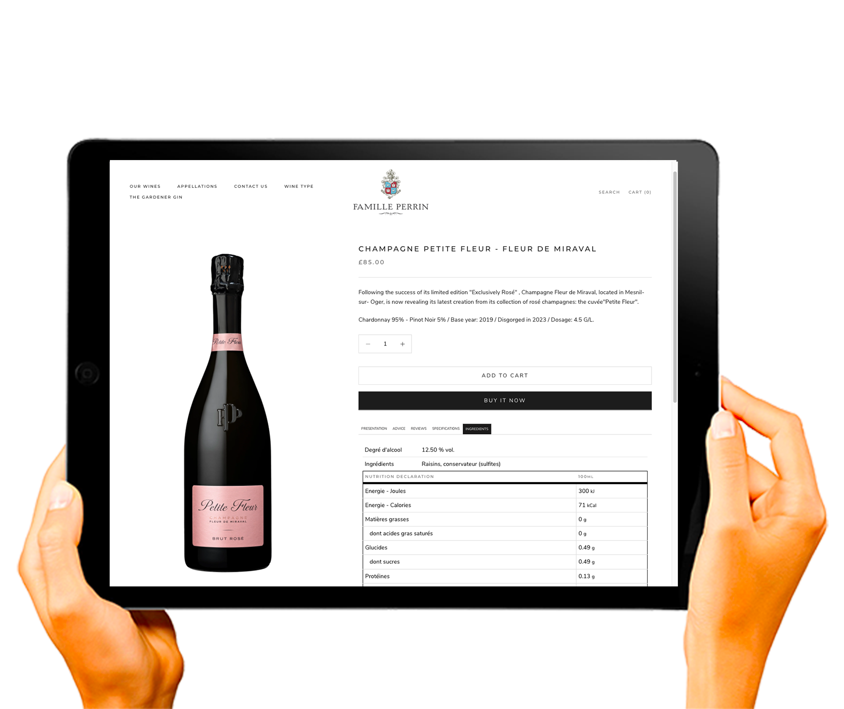 Exemple d'intégration du Nutri Embed Code Vin.co sur un site e-commerce pour le produit 