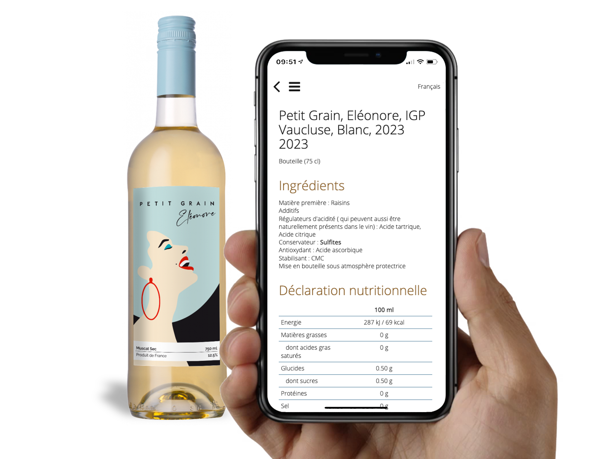  - Exemple d'affichage des informations nutritionnelles et ingrédients Vin.co